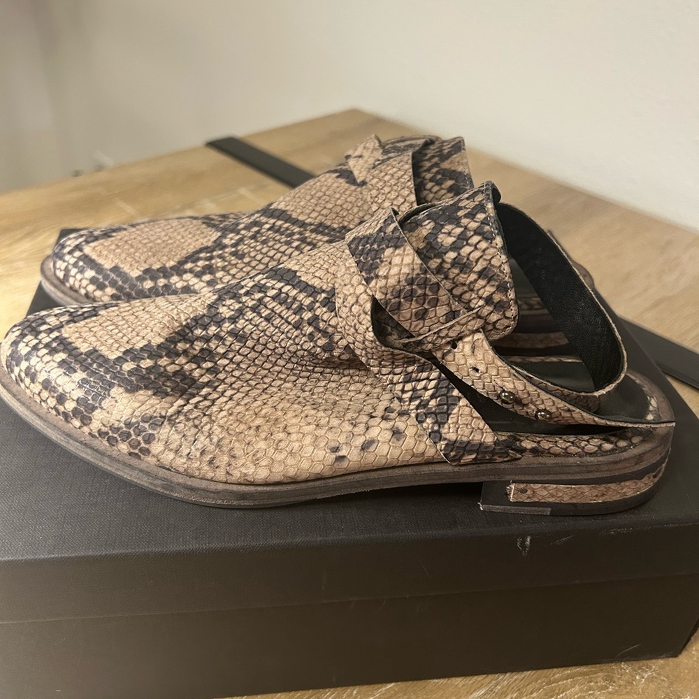 Freda Salvador Flame Taupe Snake Print Mule with Ankle Strap